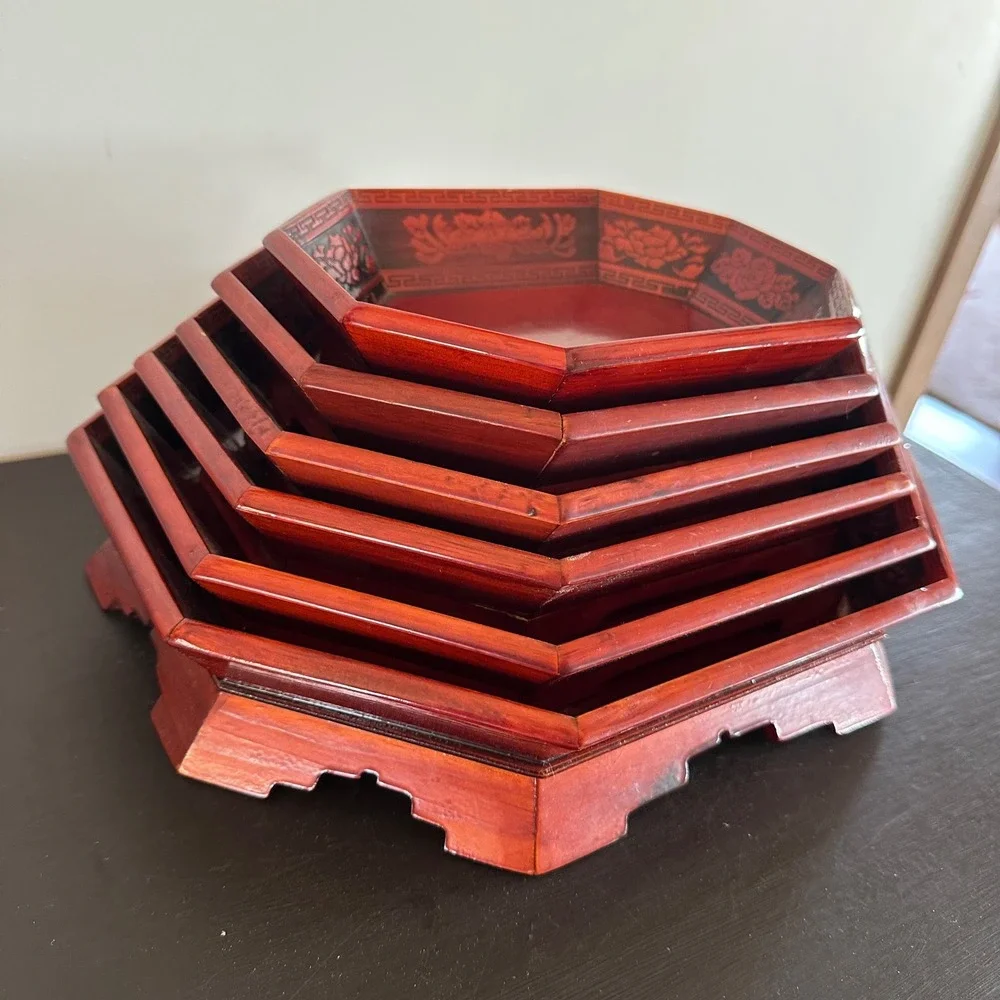 VTG Korean Red Lacquer Nesting Trays 6pc Set Octagon Carved Floral Asian Decor